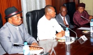  L-R: Governors Willie Obiano of Anambra State, Sullivan Chime of Enugu State, Martins Elechi of Ebonyi State and Theodore Orji of Abia State, during their meeting with President Goodluck Jonathan at the Presidential Villa in Abuja, recently.