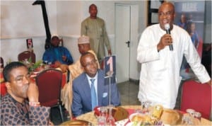 Senate President David Mark (right) speaking at the breaking of Ramadan fast by Senators at his residence in Abuja last Wednesday Night. With him are Sen.Ganiyu Solomon (left), and Leader of Senate, Sen. Victor Ndoma-Egba.