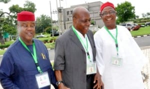 L-R: National Conference Delegates, Dr Ihechukwu Madubuike, Ray Ekpu and Chief Benjamin Elue, at the conference in  Abuja, recently...The delegates are expected to decide the fate of LGAs