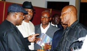 L-R: Group Managing-Director, Nnpc, Mr Andrew Yakubu, Group General-Manager, Public Affairs Division, Mr Ohi Alegbe; Resource Persons, Mr Weneso Orogun and Mr Tony Nwosu of News Agency of Nigeria at a Workshop for Media Practitioners in Uyo, last Friday. Photo: NAN