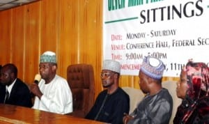 Chairman of the panel investigating the allegations of gross misconduct against the Governor of Adamawa State and his deputy, Mallam Buba Kaigama (2nd left), announcing the conclusion of the panel's public sitting in Yola last Saturday.