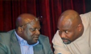 Speaker, Rivers State House of Assembly, Rt. Hon. Otelemaba Amachree (left) , conferring with Leader of the House, Hon Chidi Lloyd, during the debate on Rivers State Council of Traditional Rulers Bill on the floor of the House last Tuesday. Photo: Chris Monyanaga.