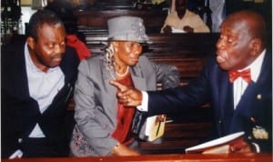 Senator Benneth Birabi (left) with his wife listening to Chief C. K. G. Nwobike, during the annual memorial lecture of late Bishop Samuel O. Elenwo, in Emuoha, last Saturday. Photo: Obine Prince Dele. 