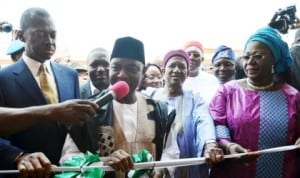 L-R: Governor Sullivan Chime of Enugu State, Vice President Namadi Sambo, Chairman, Senate Committee on Housing, Senator Abba Bukar Ibrahim and Minister of Lands, Housing and Urban Development, , Mrs Akon Eyakenyi, during the inauguration of Elim Housing Estate in Enugu last Friday.