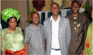 Rivers State Governor, Chibuike Amaechi, flanked by, Sen. Magnus Abe (right), Hon. Gregory Nwidam (celebrant) and his mother, Mrs. Mary Nwidam during a thanksgiving service at St. Dominic Catholic Church, Bane. 