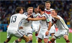 German players celebrating Mario Gnetze’s extra time winner that secured the 2014 World Cup title for Germany on Sunday