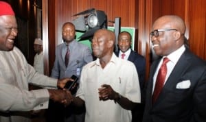 L-R: Secretary to the Government of the Federation, Senator Anyim Pius Anyim, Governor Adam Oshiomhole of Edo State and Governor Emmanuel Uduaghan of Delta State, during the meeting of President Jonathan with governors from oil producing states in Abuja, recently. Photo: NAN