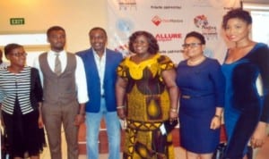 Rivers State Commissioner for Information and Communications, Mrs Ibim Semenitari (3rd right), Mr Frank Osodu, Fashion Director (3rd left), Uche Doris Adaugo, female winner 2013 (right), Ekpata Gedoni, male winner 2013 (2nd left), at the press conference for the 2nd Port Harcourt International Fashion Week at Voitel Hotel, Port Harcourt , recently.