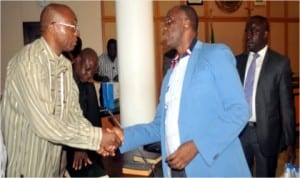 Rivers State Governor, Chibuike Amaechi (right) welcomes Deputy Chairman, House Committee on Land Transport, Dr. Sokonte Davies and members of the committee during a courtesy visit to Government House, Port Harcourt, Wednesday.