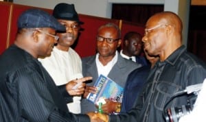 From Left: Group Managing-Director, Nnpc, Mr Andrew Yakubu, Group General-Manager, Public Affairs Division, Mr Ohi Alegbe, resource persons, Mr Weneso Orogun and Mr Tony Nwosu of News Agency of Nigeria at a Workshop for Media Practitioners in Uyo, Akwa Ibom last Friday. Photo: NAN