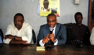 Mr. Celestine Ogolo (centre), General Manager, Rivers State Newspapers Corporation, addressing staff during a meeting of staff and management of the corporation in Port Harcourt, yesterday. With him are Mr. Soye Jamabo, Editor Daily and Mr. Valentine Ugboma, Director Business Development .      Photo: Prince Dele Obinna.