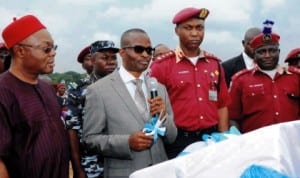 L-R:  Chairman,  Frsc Governing Board,  Chief Felix Chukwu;  Deputy Governor Of Enugu State, Mr Sunday Onyebuchi; Frsc Corps Marshal, Mr Osita Chidoka And Commandant Frsc Academy, Mr Charles Abochi, at the  Inauguration  of   Frsc  Academy at Udi in Enugu State on Monday. Photo: NAN