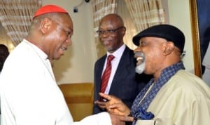 L-R: Catholic Archbishop of Abuja, John Cardinal Onaiyekan, All Progressives Congress (APC) National Chairman, Chief John  Oyegun and Senator Chris Ngige, during the APC chieftains visit to the cardinal in Abuja, yesterday.