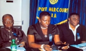 L-R: Former Rivers State Deputy Governor, PDG Sir Gabriel Toby, PDG Rtn Ijeoma P. Okoro with Chapter President Rotary Club of Port Harcourt, GRA, Professor Winston Bellgam, during rotary evening of songs and tributes of Late Rtn (Dr.) Renny H. Cookey at Transit Care Hotel, Port Harcourt, recently. Photo: Egberi .A. Sampson