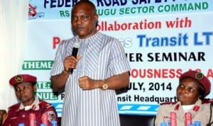 Managing Director, Peace Mass Transit (PMT) Company, Mr Samuel Onyishi (middle),  speaking during training for PMT drivers in Enugu last Tuesday. With him are Training Officer, FRSC Enugu Sector, Mrs Josephine Oranegbo (right) and representative of FRSC Sector Commander, Enugu State, Mrs Rose Anosike.