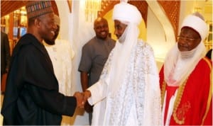 L-R:President Goodluck Jonathan  welcoming the Emir of Kano, Alhaji Sanusi Lamido Sanusi and Emir of Katsina,  Alhaji Abdulmmuni Usman to the Presidential Villa when Northern Traditional Rulers led by the Sultan of Sokoto came to break Ramadan Fast with the President,last Wednesday  