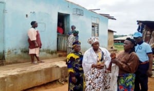 Chairperson of Oke-ero Local Government Area of Kwara, Hajia Aminat Yusuf (2nd left) sympathising with some victims of rainstorm at Aiyedun town, recently.