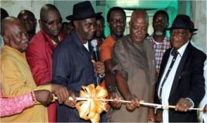 Sentor Abe (middle), Chairman, Port Harcourt Club 1928, Caretaker Committee, Sofiri Bobo-Brown (1st left), former Club Vice President, Vincent Furo (1st right) and other club members, during the inauguration of the modern table tennis section of the Club, recently.