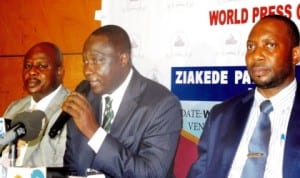 L-R: Mr Vincent Udoye, Head of Maritime Safety and Seafarers Standard Department, Nigerian Maritime Administration and Safety Agency (Nimasa), Capt. Bala Agaba and representative of Nimasa Director-General and Mr Warriedi Enisuoh, Director, Shipping Development, at a world news conference on Transforming Nigeria Maritime Industry in Lagos last Wednesday. Photo: NAN