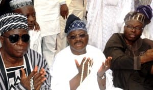 L-R: Alhaji Lamidi Ajadi,  Governor  Abiola Ajimobi of Oyo State and his SSG, Alhaji Ismael Olalekan-Alli, at the Agodi Eid prayer ground  during the Eid-el-Fitr prayers in Ibadan last Monday. Photo: NAN