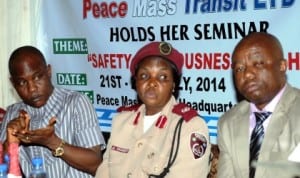  L-R: Managing Director Peace Mass Transit (PMT) Company, Mr Samuel Onyishi, FRSC Training Officer, Assistant Corps Commander, Josephine Oranebo and General Manager PMT, Mr Sylvanus Ozioko, during the round-up session of FRSC/PMT drivers training workshop in Enugu, recently.