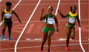 Blessing Okagbare,(middle) coasting home to gold in te women’s 100metres at the ongoing Commonwealth Games In Glasgow, Scotland.