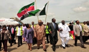 L-R: Kenyan High Commissioner to Nigeria, Tom Amolo, Chief Executive Officer, Kenyan Airways, Dr Titus Naikuni, Minister of Tourism,  Chief Edem Duke and Kenyan Cabinet Secretary, Tourism, Mrs Philip Kandie, at the inaugural flight of Kenya Airways in Abuja, recently. Photo: NAN 