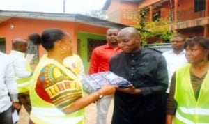 Member, House of Representatives for Port Harcourt Constituency 2, Hon. Blessing Nsiegbe  represented by Mrs Doris Ejegwu (left), presenting a gift to Alhaji Aribiton Okiri on behalf of Muslim women during the Sallah celebration in Port Harcourt last  Wednesday. Photo: Obinna Prince Dele