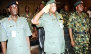 L-R:Assistant Director, Legal Services, 2 Div., Col. Musa Muhammed,  G.O.C, 2 Div., Maj-Gen. Emmanuel Abejirin and Chief of Staff to the G.O.C., Brig.-Gen. Johnson Oladeinde, at  the inauguration of General Court Martial in Ibadan, last Wednesday 