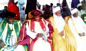 L-R: Pro-Chancellor, Sokoto State University, Alhaji Umaru Shinkafi, Governor Aliyu Wamakko of Sokoto State, Sultan of Sokoto, Alhaji Sa'ad Abubakar III and Emir of  Gwandu, Alhaji Mohammed Bashar, during the first matriculation ceremony of Sokoto State University in Sokoto, last Saturday.