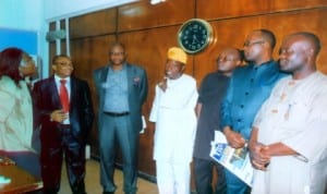 Top media practitioners putting heads together during a function in Port Harcourt. L-R: Commissioner for Information and Communications,  Rivers State, Mrs Ibim Semenitari, General Manager, RSNC, Mr. Celestine Ogolo, National President, NUJ, Garuba Mohammed, National President, RattawU, Dr. Abel Yemisi Bamgbose, National Secretary, NUJ. Shuaibu Leman, Vice President, East, Nigeria Guild of Editors, Victor Agwusiobu and other media gurus.                 Photo: Egberi A. Sampson