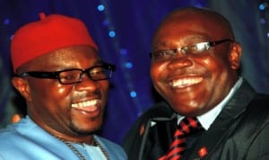 Outgoing President, Rotary Club of Port Harcourt Central, Rtn Johnbosco Obinna Onukwo (left),  with the   new President, High Chief Emeka Colman Anyaso, at an installation ceremony  in Port Harcourt, yesterday. Photo: Ibioye Diama