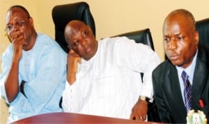 L-R: Director, Plateau State Ministry of Health, Mr Ibrahim Gontor, Secretary, Administration and Finance, Mr Solomon Musa and Permanent Secretary, Mr Elias Pede, during a news conference  on the activities to mark the World Hepatitis Day in Jos, recently.