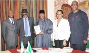 L-R:Pastor Ikechi Irukwu of the Redeemed Church, former President of Ohaneze Ndigbo/Author of the book 'Nigeria at 100, What Next', Prof Joe Irukwu, President Goodluck Jonathan, Director-General, Security and Exchange Commission, Ms Arunma Oteh and Pastor Agu Irukwu, at the presentation of the book to President Jonathan in Abuja, last Friday
