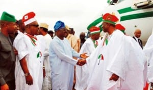 Governor Abiola Ajimobi of Oyo State (3rd-left) and other dignitaries, welcoming President Goodluck Jonathan at the Ibadan Airport recently.