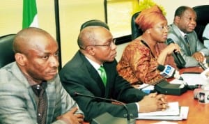 Chairman, Nigeria Electricity Regulatory Commission (Nerc), Dr Sam Amadi, Cbn Governor, Mr Godwin Emefiele, Minister of Petroleum Resources, Mrs Diezani Alison-Madueke and Minister of Power, Prof. Chinedu Nebo, addressing newsmen on inter-agency collaboration on gas-power in Abuja, recently.