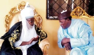 Jigawa State Deputy Governor, Alhaji Ahmed Mahmoud (right), with Emir of Ringim, Alhaji Sayyadi Mahmoud, during his visit to the Emirate over flood disaster last Sunday.