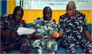L-R: Brig-Gen I. O Uzamere, Navy Commodore Godwin Ochai and Mr Tunde Ogunsakin,  at the sensitisation workshop organised by the Nigeria Police, Rivers State Command for Services Chiefs In Port Harcourt. 