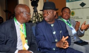 L-R: Managing Director, Flow Grids Nigeria Limited,Mr Alek Musa, Executive Secretary, Nigerian Content Development Monitoring Board, Mr Ernest Nwapa and Managing Director, Energia Limited, Mr Felix Amieyeofori, at the 2014 Abuja Petroleum Roundtable (APR) in Abuja, recently.