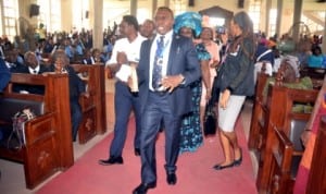 Rivers State Commissioner for Youth Development, Sir Owene Wonodi, leading his Ministry workers to thank God after the successful celebration of the 2014 Youth Day in Port Harcourt recently. Photo: Chris Monyanaga