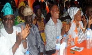 L-R:  Senior Special Assistant to Governor of Oyo State, Mr Kola Ajayi, Apc leader in Ibadan, Alhaji Dauda Alawuje, Chairman, Ibadan South West Local Government, Mr Tafeek Adeleke, his wife, Ganiyat,  at the distribution of empowerment equipment by Ibadan South West Local Government in Ibadan, recently.