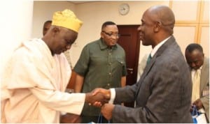 Rivers State Governor,Chibuike Amaechi welcoming leader of the Governing Board delegation, National Youth Service Corps (NYSC), Tijani Adekambi when members of the Board paid a courtesy call on the governor at Government House, Port Harcourt, yesterday.