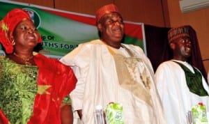 L-R: Representative of the wife of Kogi State Governor, Mrs Augustine Idachaba, Chairman, Governing Council, Federal Polytechnic, Damaturu, Mr Abba Adawa and National Chairman, Amalgamated Northern Youths for Peoples Democratic Party (PDP), Mr Aruwa Ismaila, at the inauguration of national and state executives of Amalgamated Northern Youths for PDP in Abuja recently. Photo: NAN