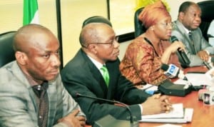 Chairman, Nigeria Electricity Regulatory Commission (NERC), Dr Sam Amadi, CBN  Governor, Mr Godwin Emefiele, Minister of Petroleum Resources, Mrs Diezani Alison-Madueke and Minister of Power, Professor Chinedu Nebo, addressing newsmen on inter-agency collaboration on gas-power in Abuja, last Saturday.