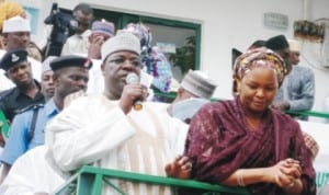 Senator representing Adamawa South Senatorial District, Senator Ahmad Barata, with Adamawa State Apc Women Leader,  Mrs. Binta Garba, during the declaration of  Senator Barata, to contest for Adamawa governorship bye-election in Yola last Saturday. Photo: NAN