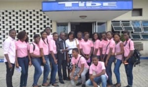 Rivers State Newspaper Corporation Political Editor , Mr. Boye Salau (middle) with copy of The Tide newspaper in a group photograph with victory tenage group of Shekinah Church Mission, during the group’s visit to the corporation, recently. Pix: Nwiueh Donatus Ken