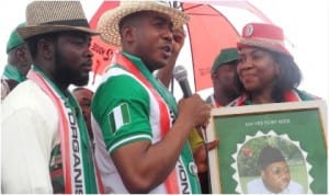 L-R: Director-General, House-2-house Campaign Organisation for Democracy, Mr Ben Ogidi, Senior Special Adviser to the President on Youth and Student Affairs, Mr Jude Imagwe and member, Board Of Trustees of the organisation, Mrs Aisha Audu-Ueje, at the House-2-House rally in Abuja last Saturday. 