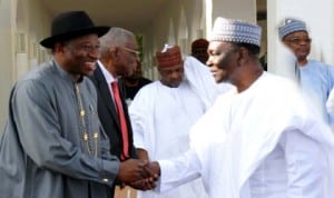 L-R: President Goodluck Jonathan, former Head of Interim National Government, Chief Ernest Shonekan, Vice President Namadi Sambo, former Heads of State, Gen. Yakubu Gowon and Gen. Ibrahim Babangida, at the National Council of State meeting in Abuja, recently.