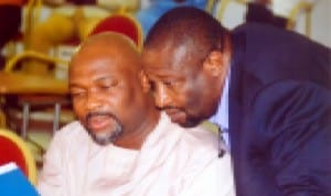 Leader, Rivers State House of Assembly, Hon. Chidi Lloyd (left), with a member of the House, Hon. Azubuike Wanjoku, during the sitting of the House in Port Harcourt last Monday. Photo: Chris Monyanaga