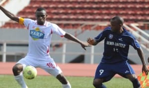 A Glo league action recorded during a clash  between Rangers and Akwa United FC, recently
